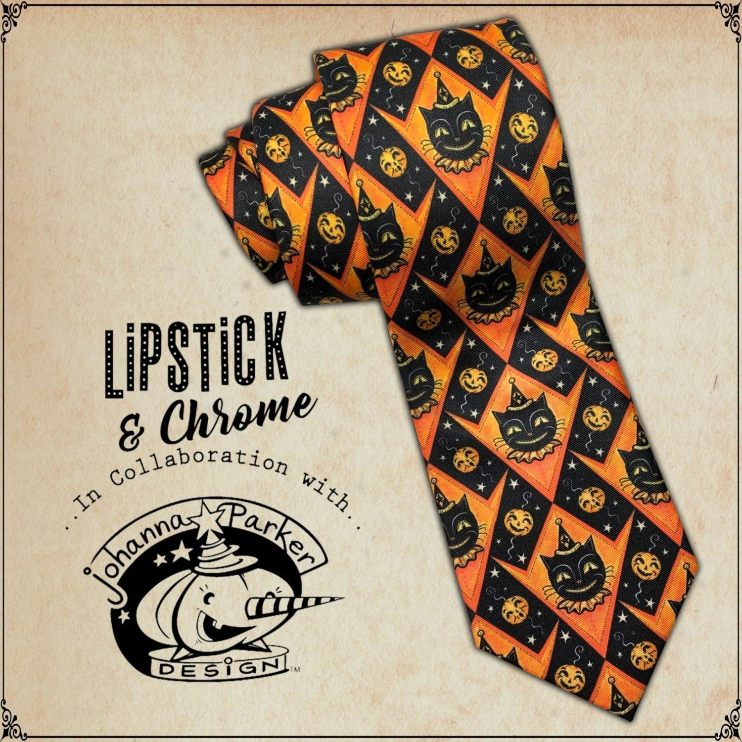 Johanna Parker X Lipstick & Chrome Grinning Cats And Jacks Men's Halloween Tie - Image 2